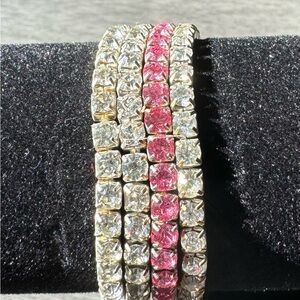 Pink and Clear, total of 4,  Rhinestone Stretch bracelets, Sliver Tone